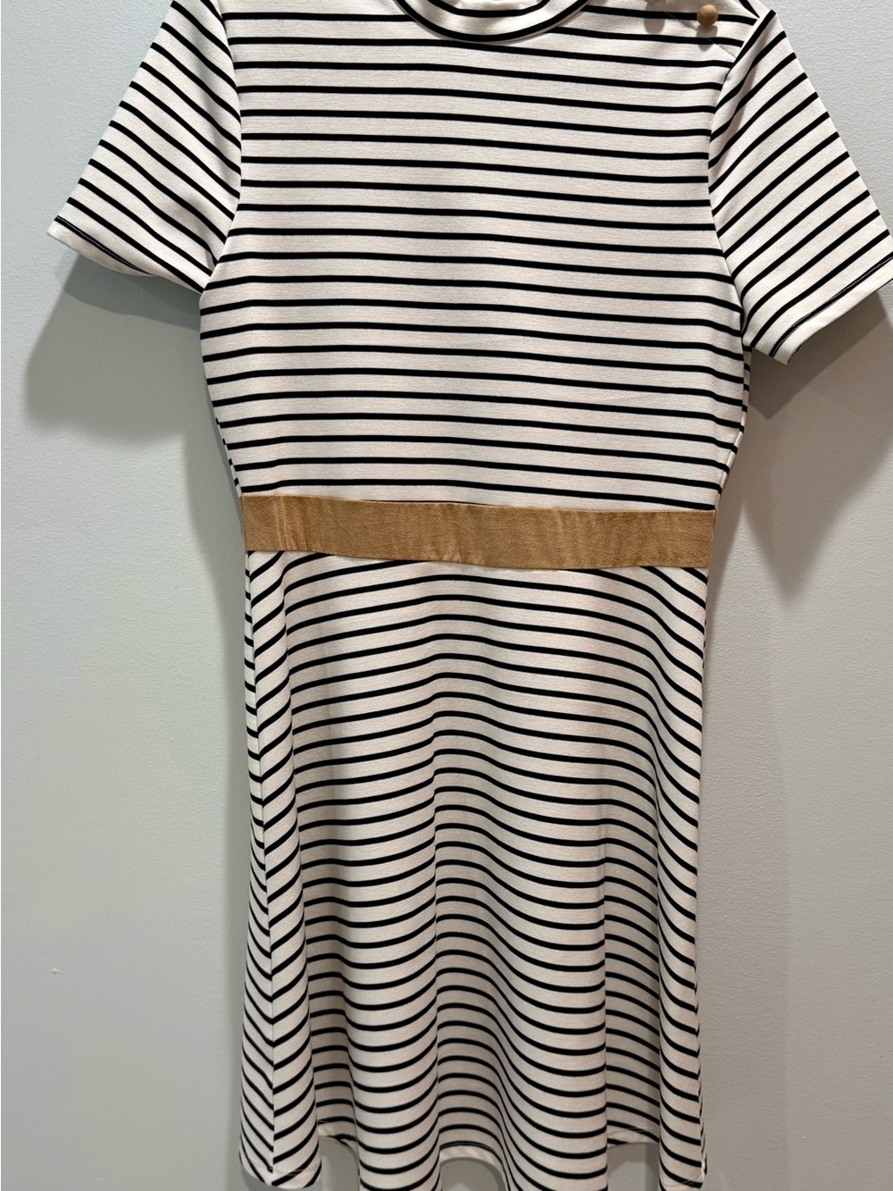 Pink Owl Striped Dress Size L Black White Tan Belted Fit & Flare